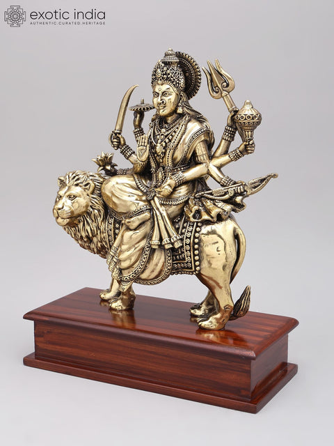 12" Superfine Eight Armed Goddess Durga (The Lion Goddess) | Brass Statue on Wood Base