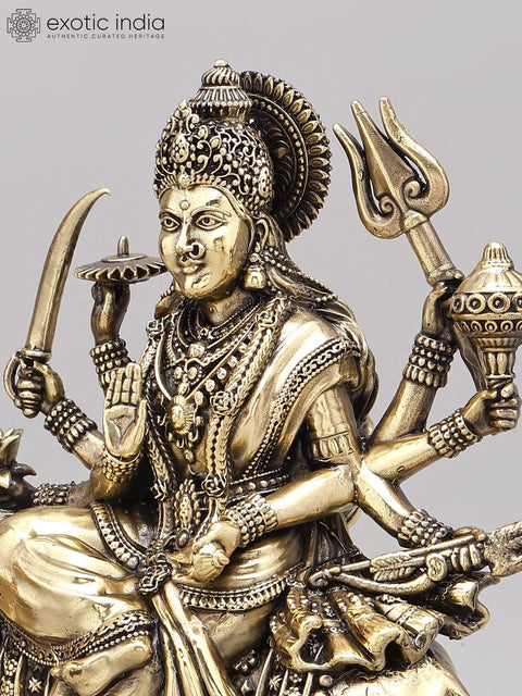 12" Superfine Eight Armed Goddess Durga (The Lion Goddess) | Brass Statue on Wood Base