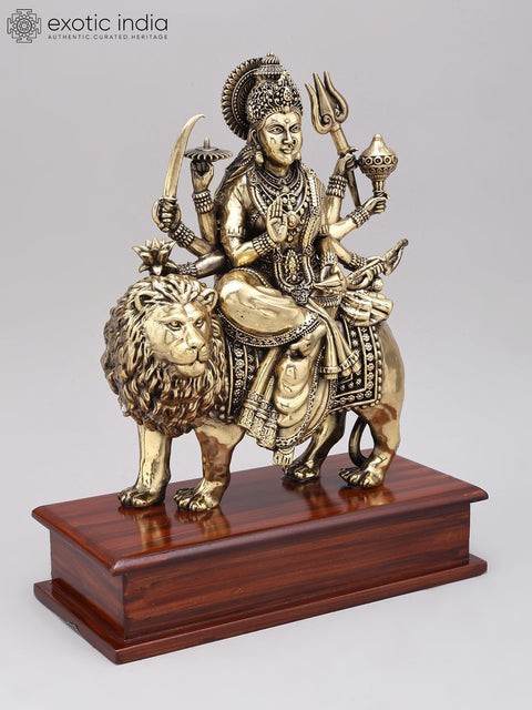 12" Superfine Eight Armed Goddess Durga (The Lion Goddess) | Brass Statue on Wood Base