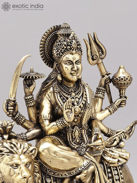 12" Superfine Eight Armed Goddess Durga (The Lion Goddess) | Brass Statue on Wood Base
