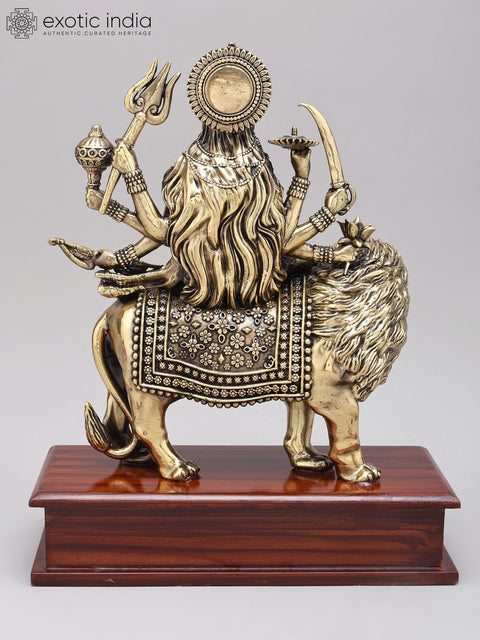 12" Superfine Eight Armed Goddess Durga (The Lion Goddess) | Brass Statue on Wood Base