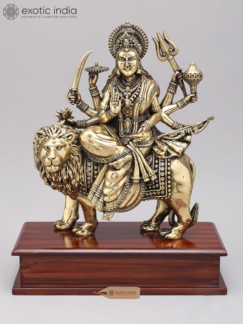 12" Superfine Eight Armed Goddess Durga (The Lion Goddess) | Brass Statue on Wood Base
