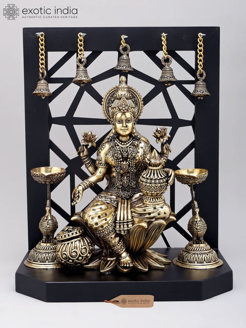 14" Superfine Goddess Lakshmi Statue with Wealth Pot | Wood Framed Brass Statue
