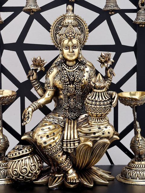 14" Superfine Goddess Lakshmi Statue with Wealth Pot | Wood Framed Brass Statue