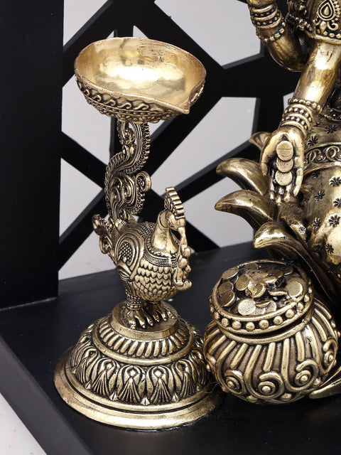 14" Superfine Goddess Lakshmi Statue with Wealth Pot | Wood Framed Brass Statue