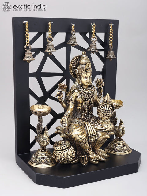 14" Superfine Goddess Lakshmi Statue with Wealth Pot | Wood Framed Brass Statue