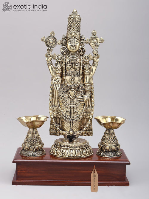 14" Handmade Tirupati Balaji Brass Idol with Lamps and Wood Base