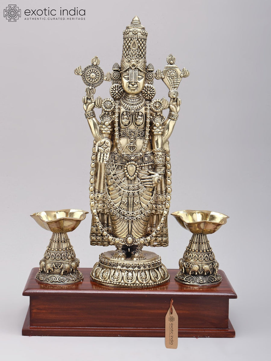 14" Handmade Tirupati Balaji Brass Idol with Lamps and Wood Base