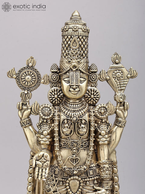 14" Superfine Tirupati Balaji (Venkateshvara) with Lamps | Brass Idol on Wood Base
