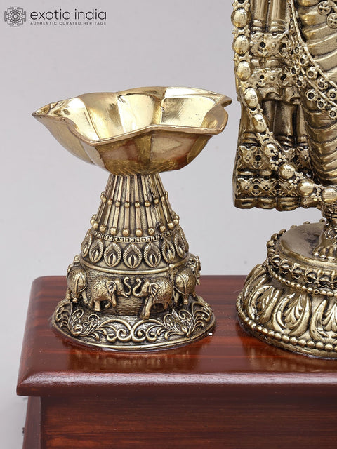 14" Superfine Tirupati Balaji (Venkateshvara) with Lamps | Brass Idol on Wood Base