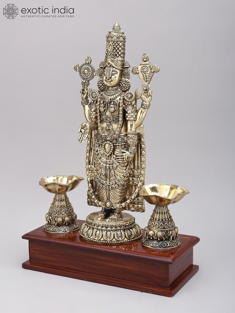 14" Superfine Tirupati Balaji (Venkateshvara) with Lamps | Brass Idol on Wood Base