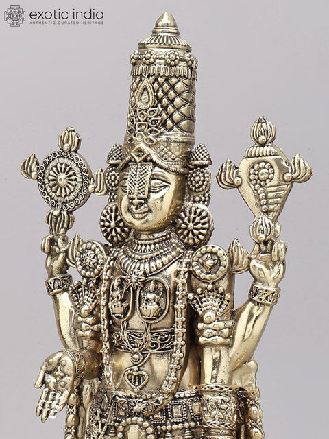 14" Superfine Tirupati Balaji (Venkateshvara) with Lamps | Brass Idol on Wood Base