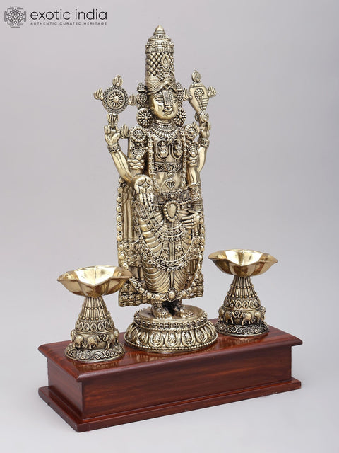 14" Superfine Tirupati Balaji (Venkateshvara) with Lamps | Brass Idol on Wood Base