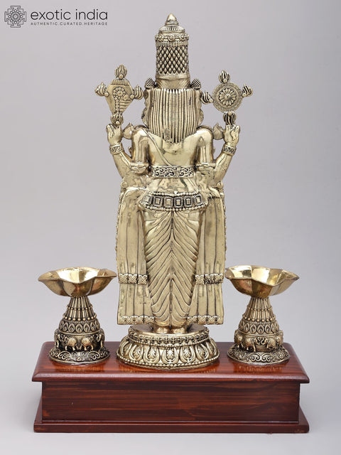 14" Superfine Tirupati Balaji (Venkateshvara) with Lamps | Brass Idol on Wood Base