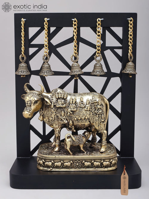 12" Vastu Cow and Calf Brass Statue with Wood Frame