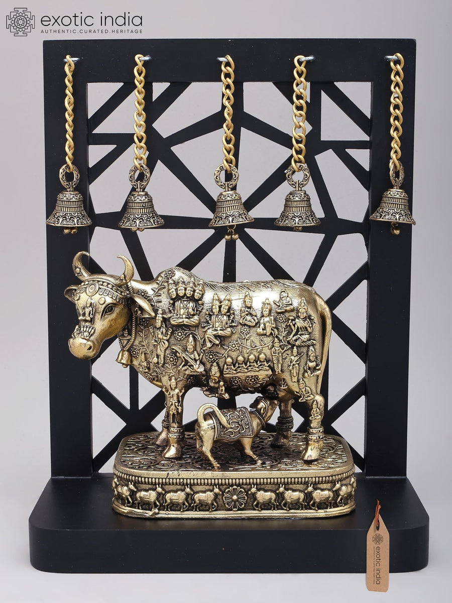 12" Vastu Cow and Calf Brass Statue with Wood Frame