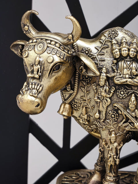 12" Superfine Vastu Cow and Calf with All Gods | Brass Statue with Designer Wood Frame