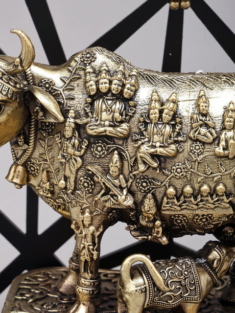 12" Superfine Vastu Cow and Calf with All Gods | Brass Statue with Designer Wood Frame