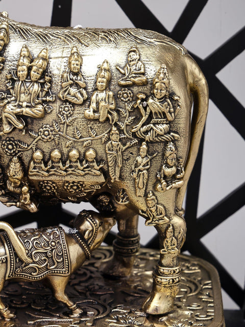 12" Superfine Vastu Cow and Calf with All Gods | Brass Statue with Designer Wood Frame