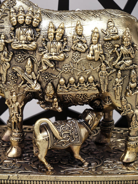 12" Superfine Vastu Cow and Calf with All Gods | Brass Statue with Designer Wood Frame
