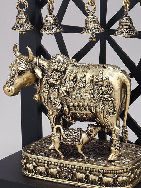 12" Superfine Vastu Cow and Calf with All Gods | Brass Statue with Designer Wood Frame