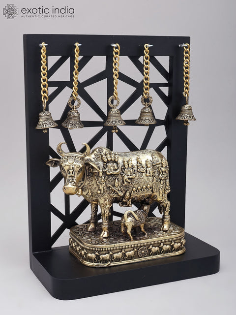 12" Superfine Vastu Cow and Calf with All Gods | Brass Statue with Designer Wood Frame