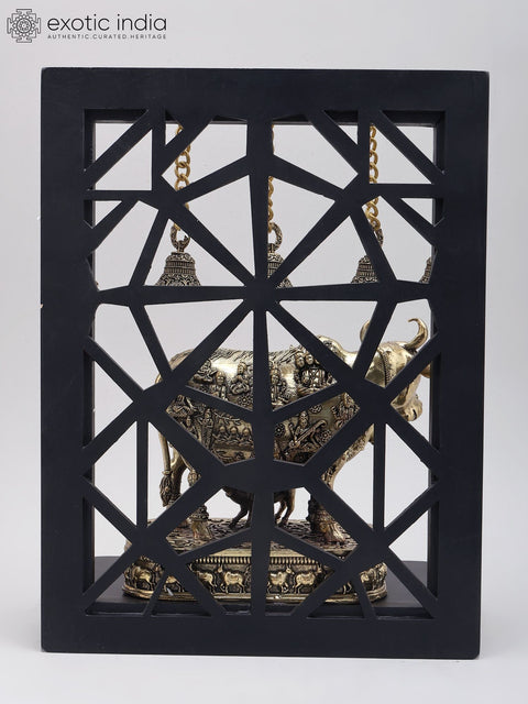 12" Superfine Vastu Cow and Calf with All Gods | Brass Statue with Designer Wood Frame