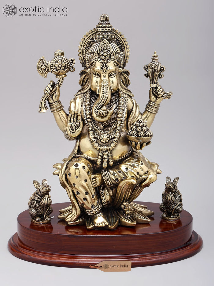 12" Four Armed Blessing Ganesha Brass Statue with Wood Base