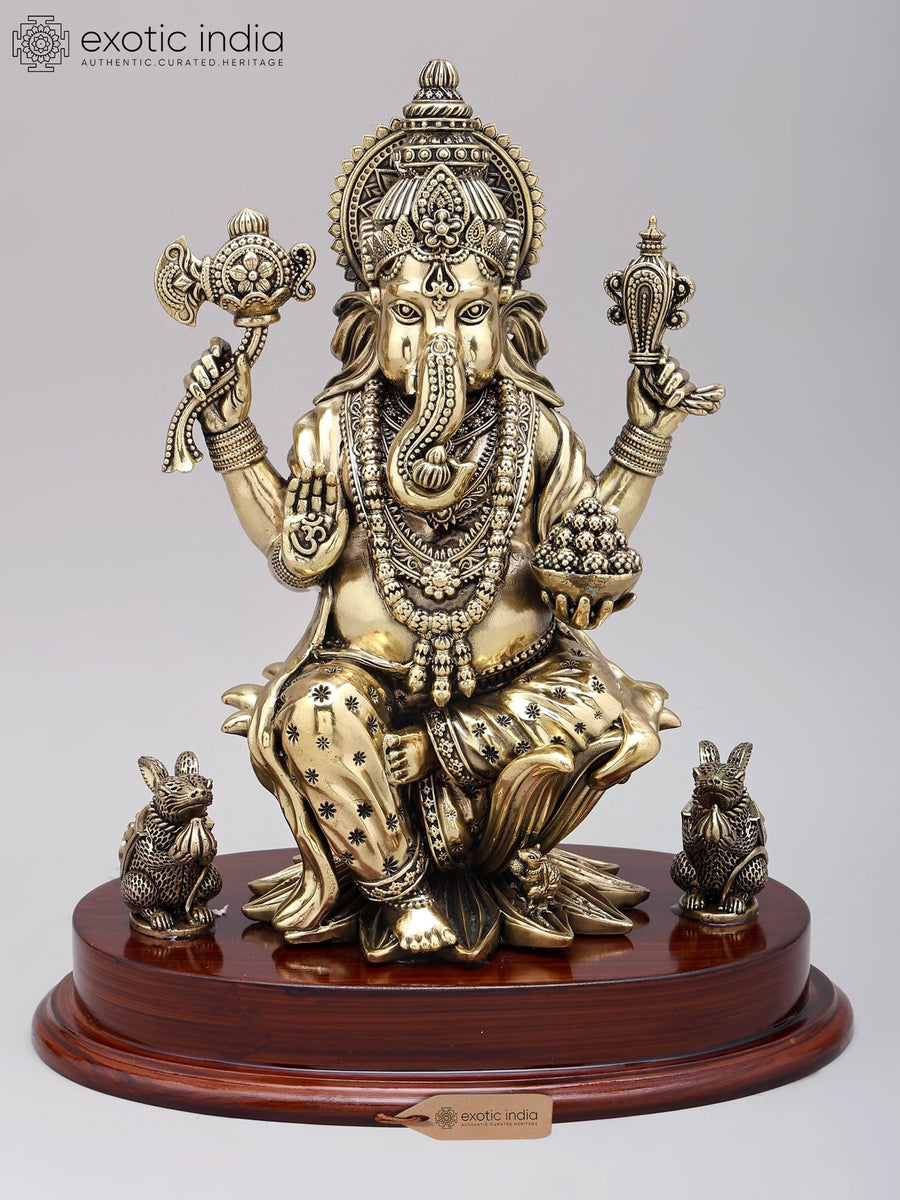 12" Four Armed Blessing Ganesha Brass Statue with Wood Base