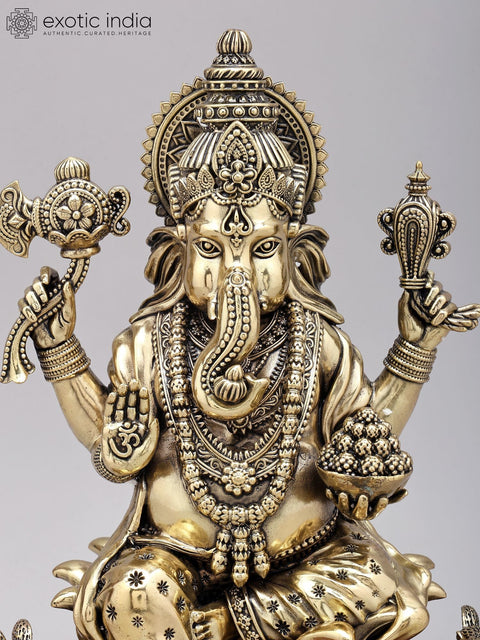 12" Superfine Four Armed Blessing Lord Ganesha | Brass Statue on Wood Base