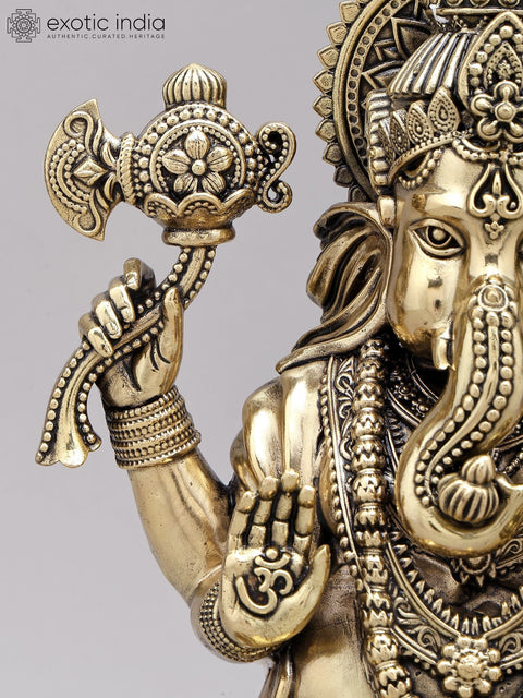 12" Superfine Four Armed Blessing Lord Ganesha | Brass Statue on Wood Base