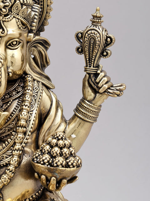 12" Superfine Four Armed Blessing Lord Ganesha | Brass Statue on Wood Base