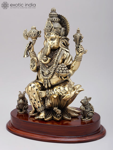 12" Superfine Four Armed Blessing Lord Ganesha | Brass Statue on Wood Base
