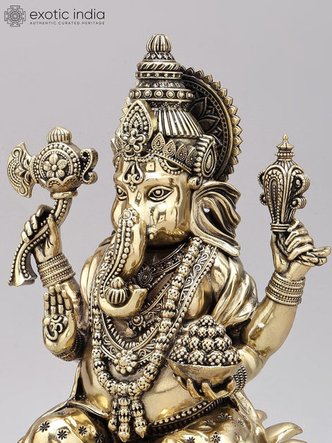 12" Superfine Four Armed Blessing Lord Ganesha | Brass Statue on Wood Base