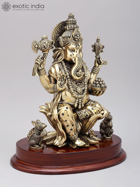 12" Superfine Four Armed Blessing Lord Ganesha | Brass Statue on Wood Base