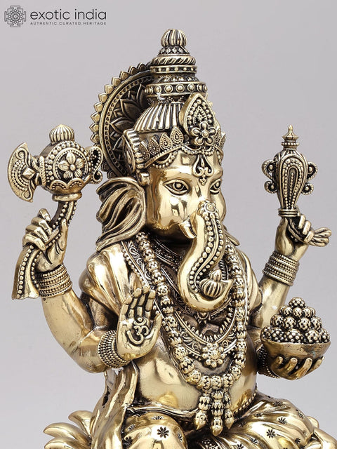 12" Superfine Four Armed Blessing Lord Ganesha | Brass Statue on Wood Base