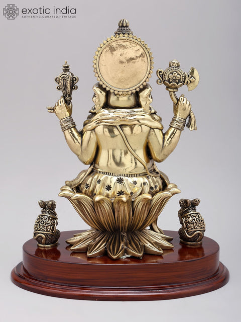 12" Superfine Four Armed Blessing Lord Ganesha | Brass Statue on Wood Base