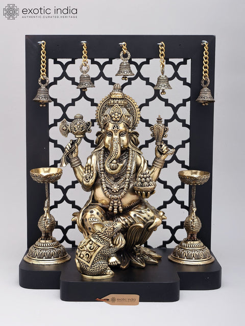 14" Superfine Four Armed Blessing Lord Ganesha with Peacock Lamps and Bells | Brass Statue with Designer Wood Frame