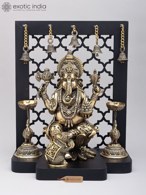 14" Four Armed Ganesha Brass Statue with Peacock Lamps and Bells