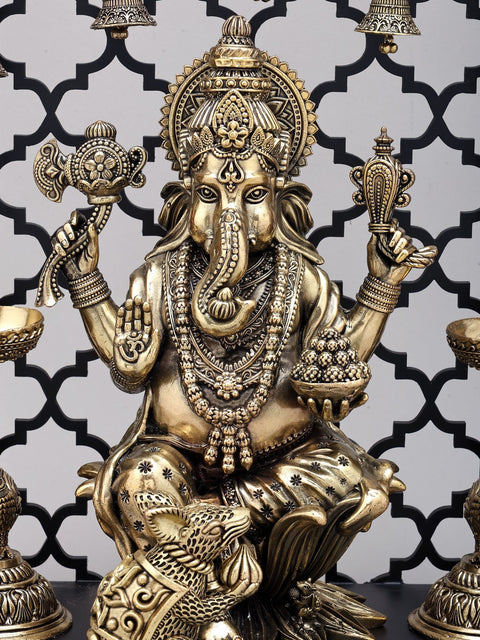 14" Superfine Four Armed Blessing Lord Ganesha with Peacock Lamps and Bells | Brass Statue with Designer Wood Frame