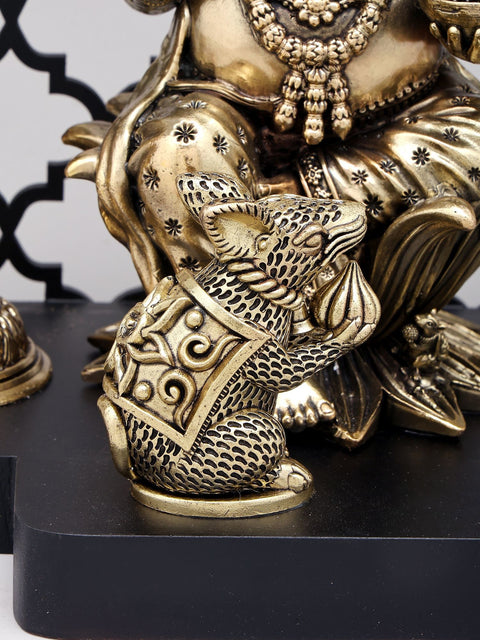 14" Superfine Four Armed Blessing Lord Ganesha with Peacock Lamps and Bells | Brass Statue with Designer Wood Frame