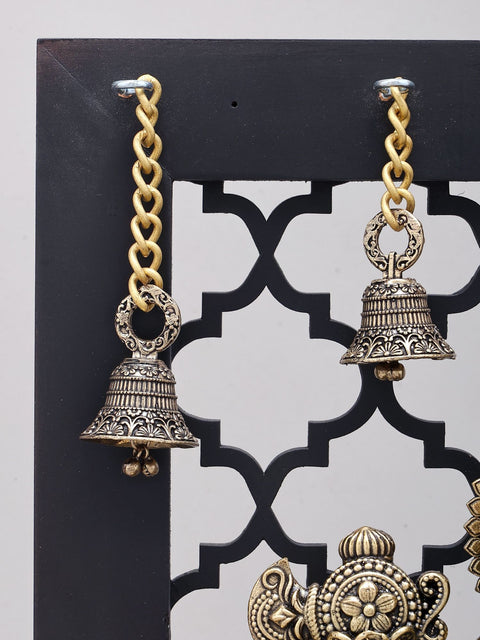 14" Superfine Four Armed Blessing Lord Ganesha with Peacock Lamps and Bells | Brass Statue with Designer Wood Frame