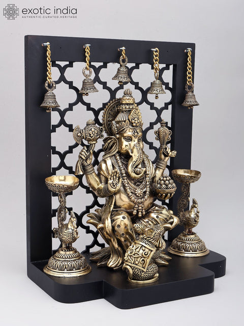 14" Superfine Four Armed Blessing Lord Ganesha with Peacock Lamps and Bells | Brass Statue with Designer Wood Frame