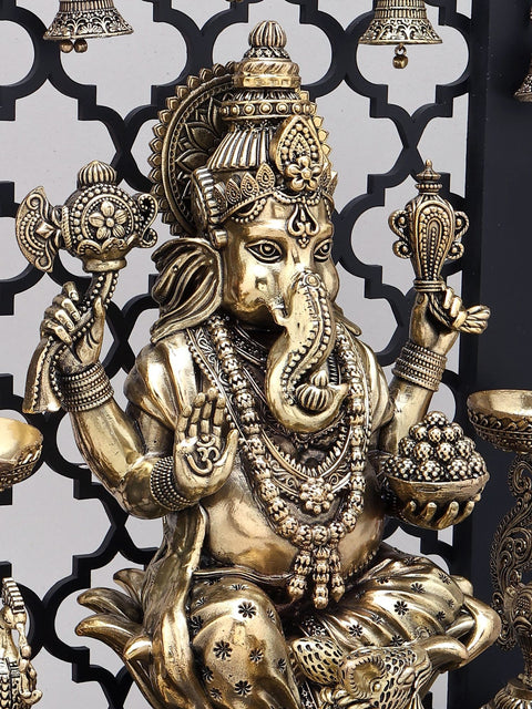 14" Superfine Four Armed Blessing Lord Ganesha with Peacock Lamps and Bells | Brass Statue with Designer Wood Frame