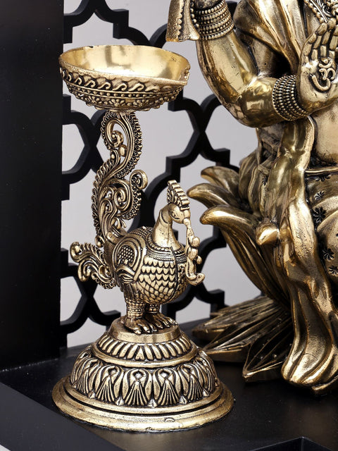 14" Superfine Four Armed Blessing Lord Ganesha with Peacock Lamps and Bells | Brass Statue with Designer Wood Frame