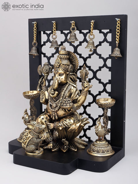 14" Superfine Four Armed Blessing Lord Ganesha with Peacock Lamps and Bells | Brass Statue with Designer Wood Frame