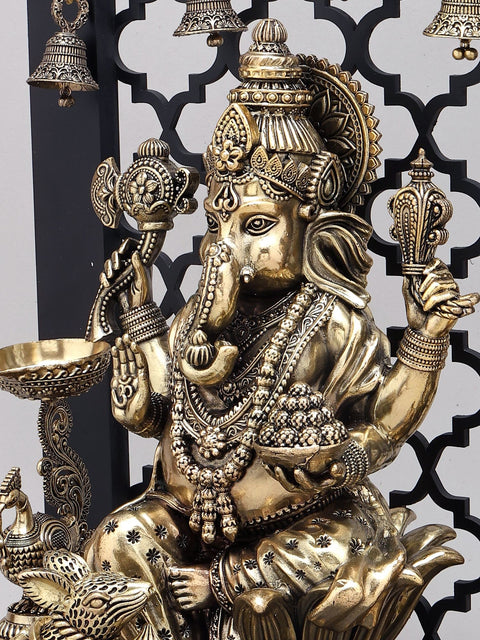 14" Superfine Four Armed Blessing Lord Ganesha with Peacock Lamps and Bells | Brass Statue with Designer Wood Frame