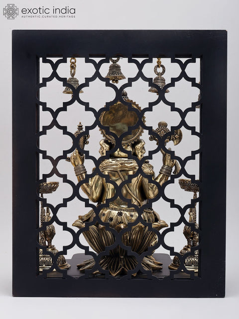 14" Superfine Four Armed Blessing Lord Ganesha with Peacock Lamps and Bells | Brass Statue with Designer Wood Frame