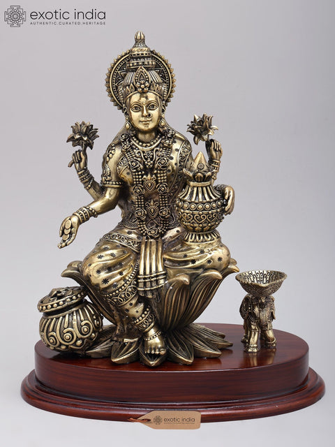 12" Superfine Goddess Lakshmi with wealth Pot | Brass Statue on Wood Base