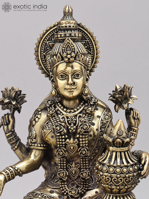 12" Superfine Goddess Lakshmi with wealth Pot | Brass Statue on Wood Base